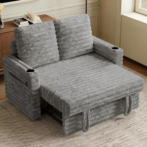 Wrofly 3 in 1 Convertible Sleeper Sofa Bed, Pull Out Couch for Living Room with Side Pockets, Cup Holders & USB Charging Port, Adjustbale Backrest, Corduroy Loveseat Sleeper Couch, Light Gray - Image 1