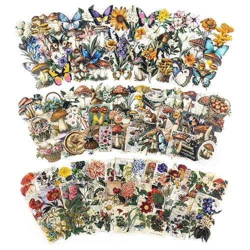 150Pcs Vintage Floral Butterfly Mushroom PET Stickers, No-Repeat Retro Aesthetic Transparent Sticker Set for Junk Journals, Scrapbooking, Card Making, Resin Crafts, Laptops and DIY Decor - Image 1