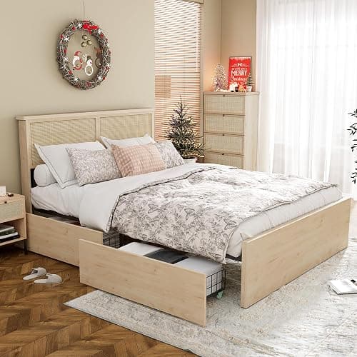 Yechen Queen Bed Frame with Natural Rattan Headboard and Wooden 4 Storage Drawers, Metal Platform with Strong Wooden Slats Support, Boho Cane Bed Mattress Foundation, No Box Spring Needed - Image 1