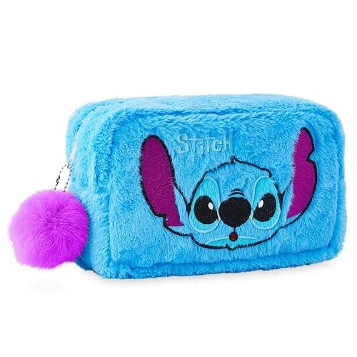 Disney Fluffy Stitch Makeup Bag for Girls, Teens, Cute Travel Toiletry Bag for Beauty Accessories, Zipped Make Up Cosmetics Storage, Gifts for Women (Blue Plush) - Image 1