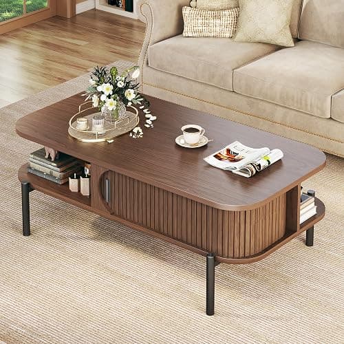 Coffee Table, 39.4" Mid Century Modern Coffee Tables for Living Room, Coffee Table with Storage Open Shelf, Fluted Table with Sliding Cabinet Door, 2-Tier Rustic Wood Desktop, Walnut - Image 1