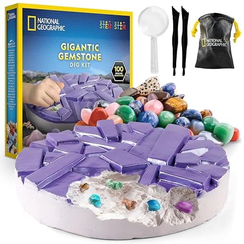 National Geographic Gigantic Gemstone Dig Kit – Excavate 100 Real Gems from a Giant Dig Brick, Gem Mining Kit for Kids, STEM Rock Collection Activity, Includes Tools & Learning Guide - Image 1