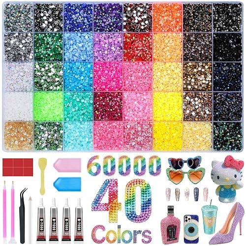60000 PCS Bedazzling KIt 40 Colors,3mm Multicolor Bedazzler Kit with Rhinestones,Resin Jelly Flatback Gems for Nails Diamond Art with 4 Pcs B7000 Jewelry Glue & Picker Tools for DIY Craft Beginners - Image 1