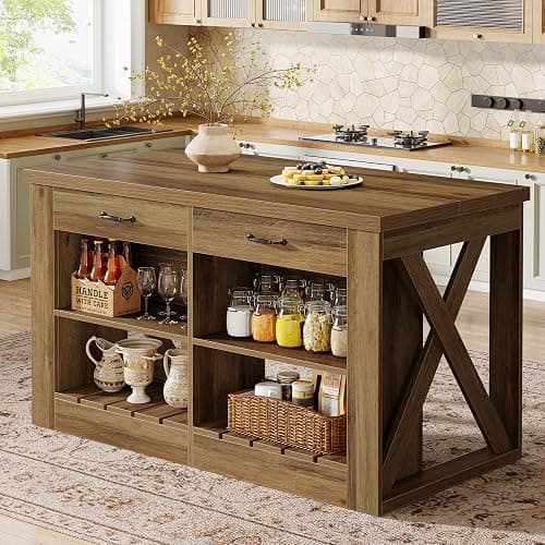 Tribesigns Kitchen Island with Storage and Seating, 55" Farmhouse Stationary Island Table, Wooden Kitchen Bar Table with 2 Drawers and Open Shelf, Brown - Image 1