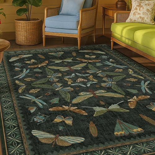 Dark Green Area Rugs 5x7 for Living Room - Fairy Fantasy Moss Rugs for Dining Room Table, Bedroom, Whimsical Insect Boho Moth Décor, Washable Non Skid Soft Carpet - Image 1