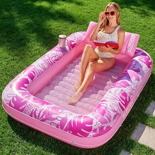 SLOOSH Inflatable Tanning Pool Lounger Float, 70" x 46" Pool Floats Adult with Pillow, 4 in 1 Suntan Tub Raft Floatie,Sunbathing Bed Lounge for Water Blow Up Kids Ball Pit Party Gifts, L-Hot Pink - Image 1