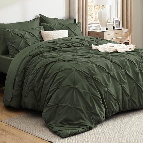 Bedsure Oversized Queen Comforter Set Olive Green - Bed in a Bag Bedding Set 7 PCS, GentleSoft™ Pintuck Bed Set Gift for Family, Pinch Pleat All Season Comforter with Sheets, Pillowcases & Shams - Image 1