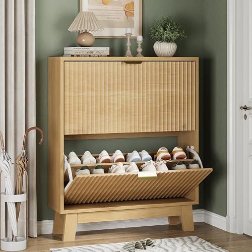 Xixini Shoe Cabinet with 2 Flip Drawers, 37" Tall Narrow Fluted Shoe Storage Organizer for Entryway, Hidden Slim Wooden Shoe Rack Cabinet for Front Door Entrance, Hallway, Living Room, Natural Oak - Image 1