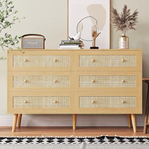 HUANLEGO Rattan Dresser for Bedroom, Modern 6 Drawer Dressers & Chest of Drawers, Natural Boho Dresser with Handles Wood Storage Organizer Modern Dressers for Closet, Hallway, Office - Image 1