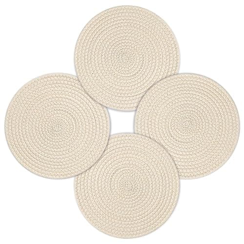 fanquare Beige Round Braided Placemats 12 Inch Round Cotton Placemats Set of 4 Thicken Durable Table Mats Small Trivet Placemat for Dining Table Décor - Image 1