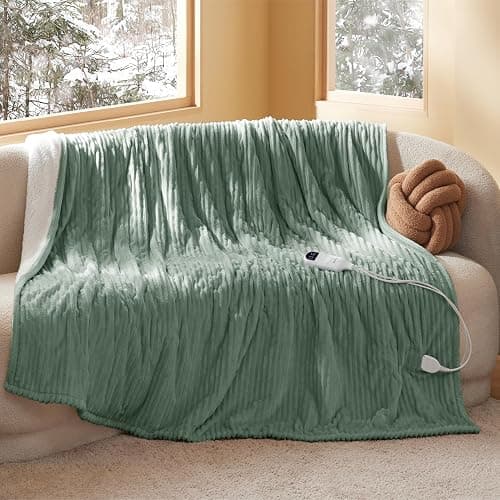 Bedsure GentleSoft Electric Blanket Twin - Soft Ribbed Flannel Heated Blanket, Heating with 10 Time Settings, 6 Heat Settings, and 8 hrs Timer Auto Shut Off, Gifts for Grandma (62x84 inches, Green) - Image 1