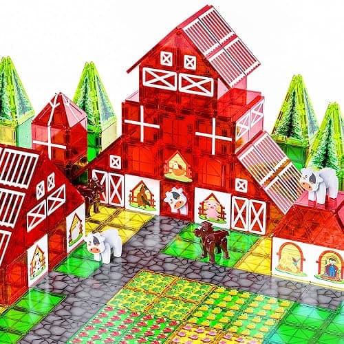 SKTMYY Magnetic Tiles Farm Animal Toy Set with Interactive Cow & Horse, Magnetic Building Blocks for Kids Ages 3-5 4-8 5-7, Magnet Tiles Educational STEM Toy for Boys & Girls - Image 1