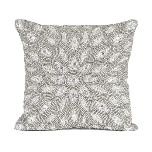 Olio Marfa Luxury Hand-Beaded Square Cushion Cover - 12x12 inch Throw Pillow with Elegant Peacock Design - Handmade Accent Pillow by Indian Artisans - Silver - Image 1