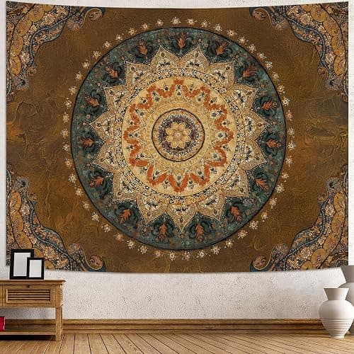 Accnicc Boho Mandala Tapestry Wall Hanging Hippie Bohemian Floral Medallion Indian Tapestry Aesthetic Small Vintage Brown Yellow Meditation Tapestries for Bedroom Living Room Dorm Decor 60 x 44 Inch - Image 1