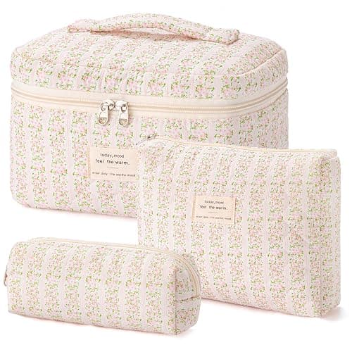 HBselect 3 PCS Quilted Makeup Bag, Cotton Large Travel Makeup Bag, Cute Floral Coquette Make up Bag Cosmetic Bag Toiletry Bag for Women Girls - Image 1