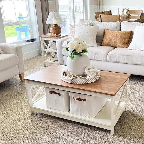 PHI VILLA Coffee Table - Modern Coffee Tables with Storage for Living Room Shelf 2 Tiers, Farmhouse Coffee Table Set - Ivory 1 - Image 1