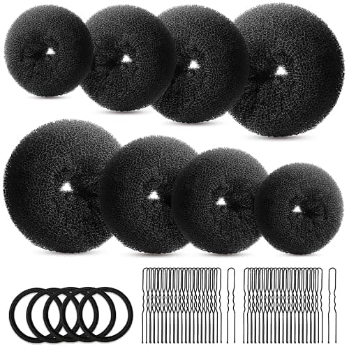 FANDAMEI Hair Bun Maker Set- 8 PCS Hair Donuts for Buns (2 Extra-large,2 Large,2 Medium and 2 Small), 40 PCS Bobby Pins, 5 PCS Hair Elastic Ties Black,Bun Maker - Black - Image 1