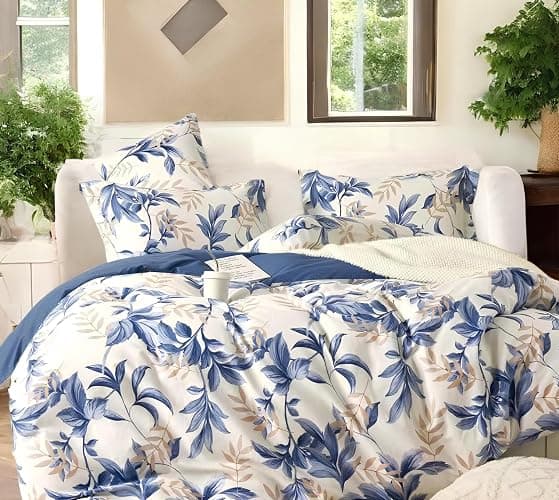 Essina Duvet Cover Set – 3 Pcs Queen Duvet Cover Set with 1 Queen Duvet Cover and 2 Pillow Shams – 620 Thread Count – Soft Cotton Duvet Cover Queen Size – Luxurious Cotton Comforter Cover – Wilderness - Queen - Aegean Blue - Image 1
