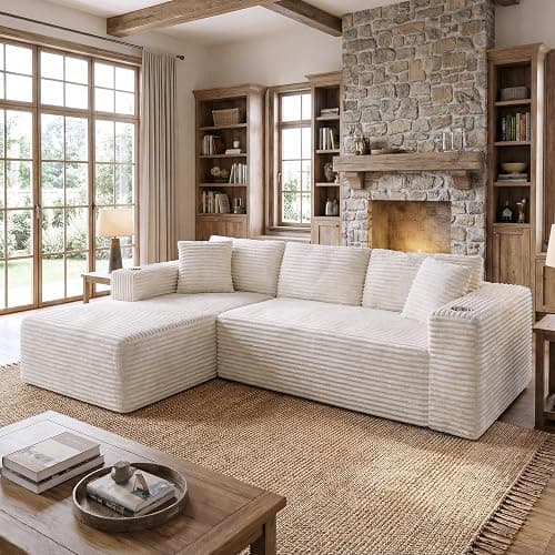 Shintenchi Boneless Couches for Living Room,Modular Sectional Sofa with 2 Cup Holders,Memory Foam Cloud Couch with L Shaped Oversized Chaise,No Assembly Needed Plush Corduroy Sofa,White - Image 1