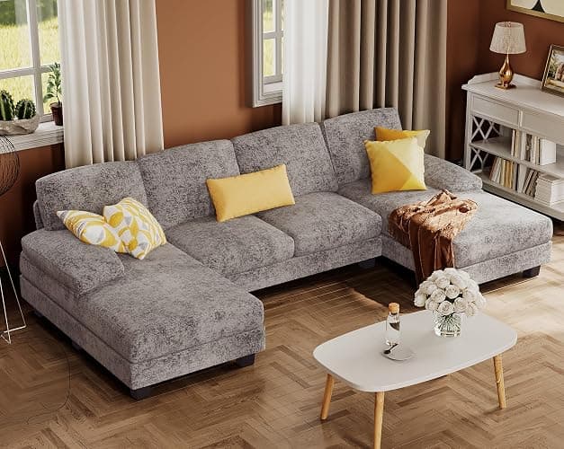 Furmax Sectional Couches for Living Room, U-Shaped Sofa Couch with Linen Fabric, 4 Seat Sofa Set with Double Chaise for Apartment (Fabric, Grey) - Image 1
