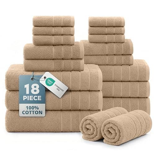 Casa Platino 18 Pcs 100% Cotton Towel Set - Soft, Absorbent & Perfect Family Set - 6 Bath, 6 Washcloths, 6 Hand Towels for Bathroom - Ideal for Home, Spa & Gym - Quality You Can Trust - Beige - Image 1