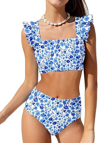 ZAANTI Girls 2 Piece Swimsuit Square Neck Ruched Ruffle Trim Bikini Sets Adjustable Straps Bathing Suit for Teen Girls 9-16Y - Image 1