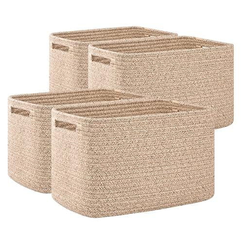 OIAHOMY 4 Pack Storage Baskets for Organizing, Rectangle Cube Storage Bins for Shelves, Woven Baskets With Handles, 12.7''Lx9''Wx7.8''H, Brown, - Image 1