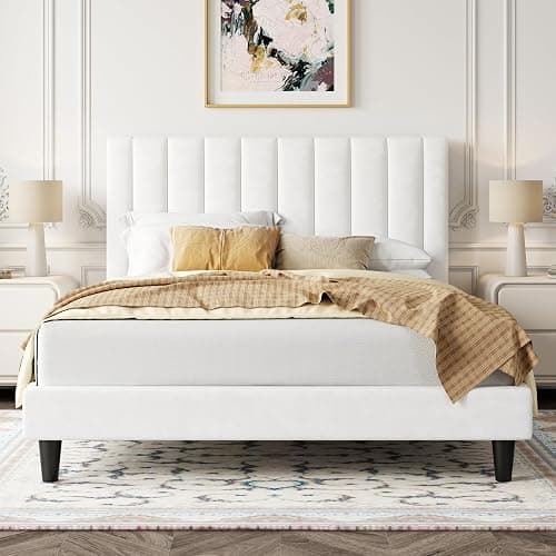 Allewie Full Bed Frame/Velvet Upholstered Bed Frame with Vertical Channel Tufted Headboard/Strong Wooden Slats/Platform Bed Frame/Mattress Foundation/Box Spring Optional/Easy Assembly/White - Image 1