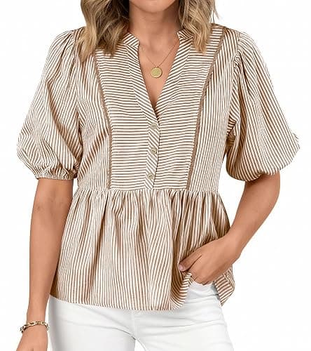 dowerme Womens Summer Tops 2026 Fashion Lantern Short Sleeve V Neck Button Peplum Shirts Spring Stripes Babydoll Blouses - Image 1
