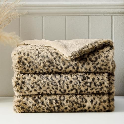 DREAMNINE Luxury Leopard Print Faux Rabbit Fur Blanket for Couch 50" x 60", Decorative Soft Cozy Fluffy Cheetah Microfiber Blankets,Warm Blanket for Winter, Animal Print Thick Fuzzy Lap Blankets, Tan - Image 1