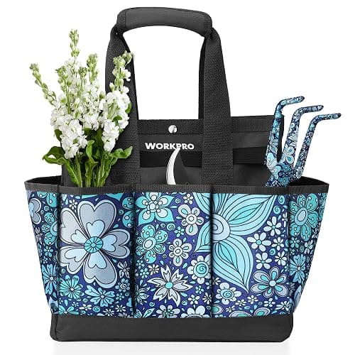 WORKPRO Garden Tool Bag, 9 Pockets Gardening Bag, Heavy Duty Oxford Garden Tote Caddy (Tools NOT Included), 12" x 12" x 6" (Floral Blue) - Image 1