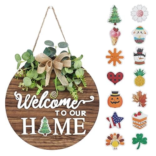 Interchangeable Seasonal Welcome Sign Front Door Decoration, Rustic Round Wood Wreaths Wall Hanging Outdoor, Farmhouse, Porch, for Spring Summer Fall All Seasons Holiday Halloween Christmas. - Image 1