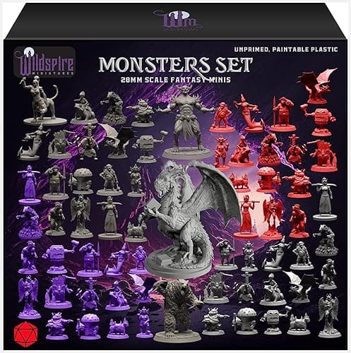 Wildspire Fantasy Monsters & Bookish Dragon for DND Miniatures Unpainted Bulk 28mm-32mm Dungeons & Dragons Minis Pathfinder Figures Fantasy Unpainted Tabletop RPG Miniature Starter Set for D&D - Image 1