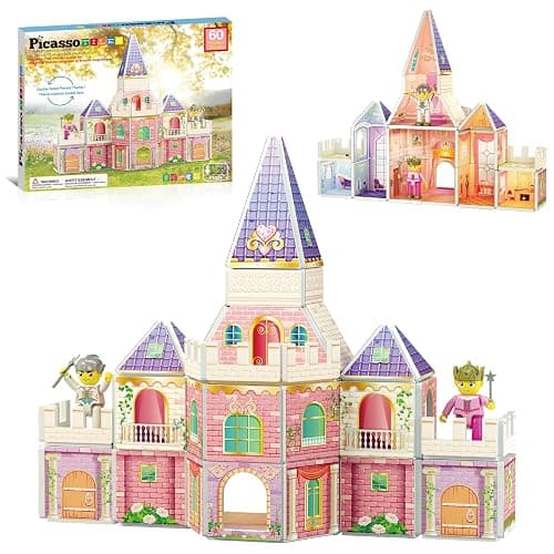 PicassoTiles 60pc Magnetic Tile Princess Castle Building Set with Double Sided Printed Tiles 2 Character Figures STEM Educational Toy Kit for Kids Pretend Play Montessori Learning Ages 3 to 8 PTQ04 - Image 1