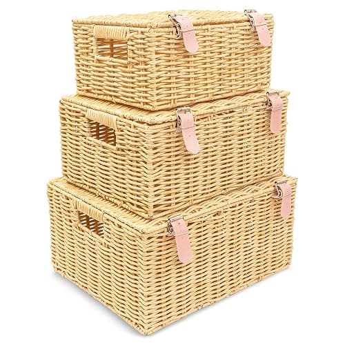 Wicker Storage Baskets with Lids – Set of 3 (Large, Medium, Small) for Organizing Clothes, Toys, Books – Cute Organizer Stackable Basket with Lid for Bedroom, Nursery, and Home Decor - Image 1