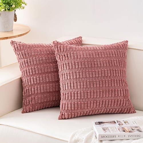 Pack of 2 Corduroy Decorative Throw Pillow Covers 18x18 Inch, Peach Pink | Fall Soft Striped Pillow Covers Modern Farmhouse Home Decor Christmas Throw Pillow Covers for Sofa Living Room Couch Bed - Image 1