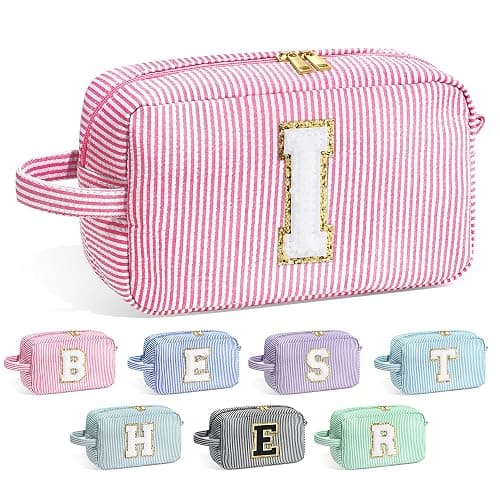 YOOLIFE Initial Cosmetic Bag for Women - Monogram Cute Pink Makeup Bag Cosmetic Toiletry Pouch Make Up Case for Women Her Best Friend Friendship Sister Teacher, Personalized Birthday Gifts for Women I - Image 1