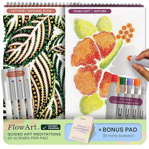Lifelines FlowArt Activity Pads, 2-Pack & Bonus Pad - Guided Art Meditations - 2 Sets of Markers & 48 Scenes - Dot-Pop and Pogo-Dot Coloring Books for Tweens, Adults & Seniors - Image 1