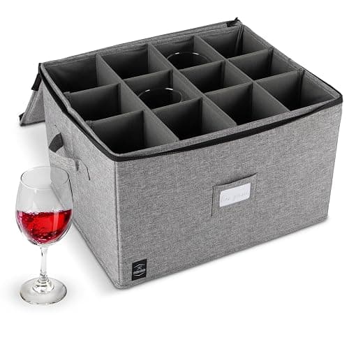 Unison Kitchen Wine Glass Storage, Holds 12 Stemware Glasses, Stackable, Fully-Padded Inside with Hard Top and Sides (Grey) - Image 1