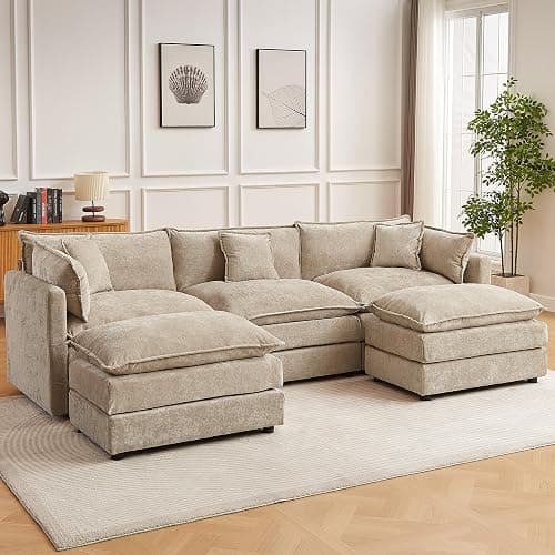 saows Modular Sectional Sofa, 112.2 Inch U Shaped Couch Set with Armrests, 3-Seater Comfy Cloud Couches with Movable Ottoman for Living Room Apartment, Coffee - Image 1