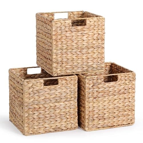 12 x 12 x 12in Water Hyacinth Storage Baskets, Wicker Storage Baskets for Shelves, Foldable Square Bins for IKEA Kallax Set of 3, Large Cubby Rattan Basket, Wicker Basket for Organizing - Image 1