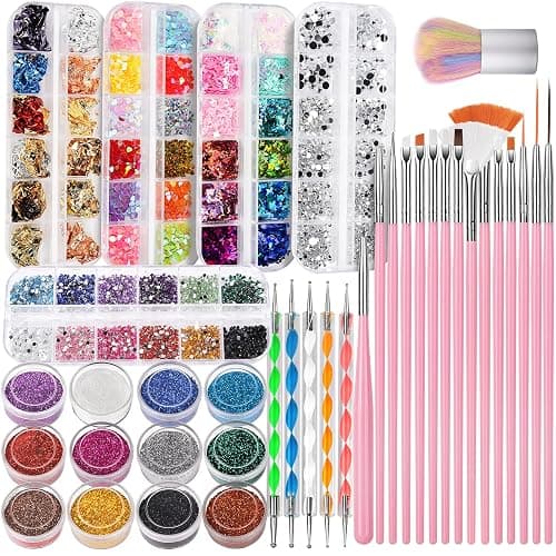 FANDAMEI Nail Art Kit, Nail Art Brushes Set, Nail Design Kit Dotting Tools, Fine Nail Glitter, Nail Decoration Butterfly Heart Glitter Sequins, Foil Flakes, Nail Rhinestones, Dust Brush - Image 1