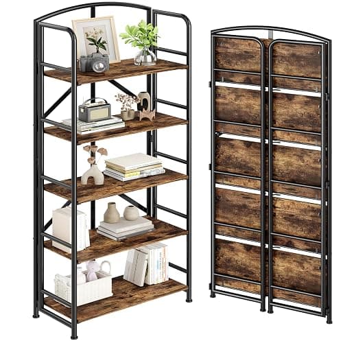 THKKY No-Assembly Folding Gold Bookshelf Storage Shelves 5 Tiers Vintage Multifunctional Plant Flower Stand Storage Rack Shelves Bookcase for Home Office - Image 1