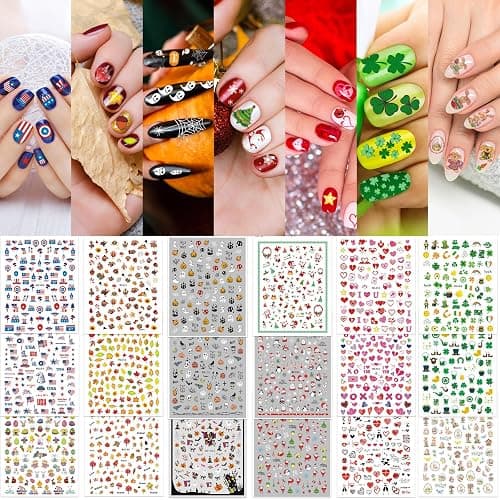 Whaline 18 Sheets All Season Nail Art Stickers Easter St Patricks All Holiday Valentine Day Fall Halloween Winter Christmas 4th of July Self-Adhesive Nail Decals for DIY Manicure Party Decor - Image 1