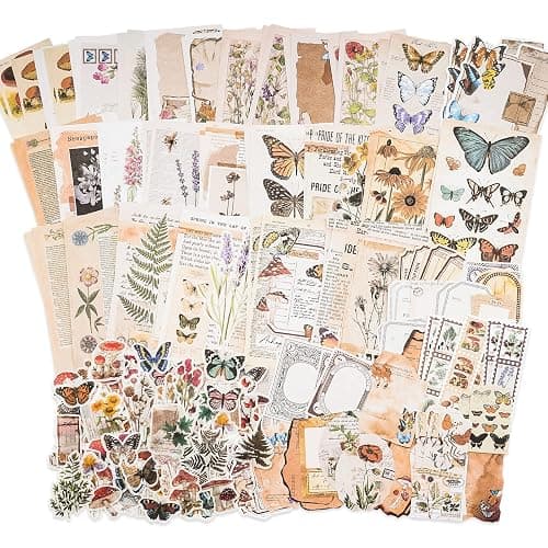 Knaid Vintage Scrapbook Supplies Pack (200 Pieces) for Junk Journal Bullet Journals Planners Botanical Paper Stickers Craft Kits Aesthetic Cottagecore Collage Album (Nature) - Image 1