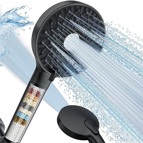 Magichome Filtered Shower Head with Handheld, High Pressure 10-Spd Detachable Chrome Showerhead with Stainless Hose, Water Softener Filter Beads for Hard Water - Remove Chlorine, Black - Image 1