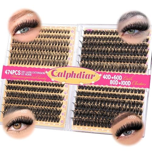 Calphdiar Lash Clusters 40D+60D+80D+100D Eyelash Clusters 474PCS Individual Lashes D-Curly Cluster Eyelash Extensions 8-16MM Wispy Lashes Clusters Volume False Mink Eyelashes DIY Lash Extension - Image 1
