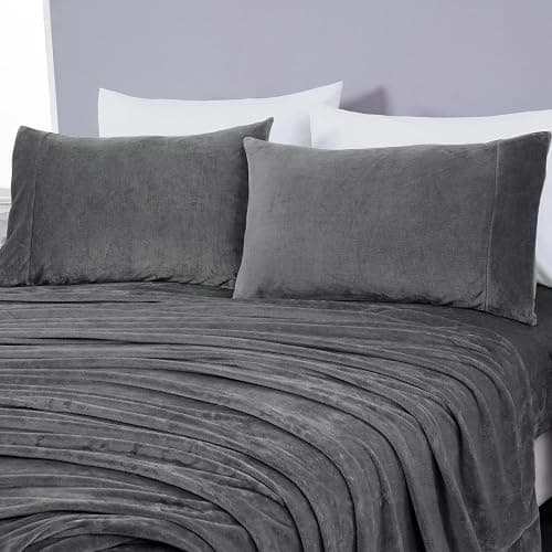Chezmoi Collection Extra Soft Fleece Sheet Set Queen, Microplush Non-Pilling Velvety Bed Sheet, Deep Pocket - Lightweight All Season Warmth, Queen, Gray - Image 1