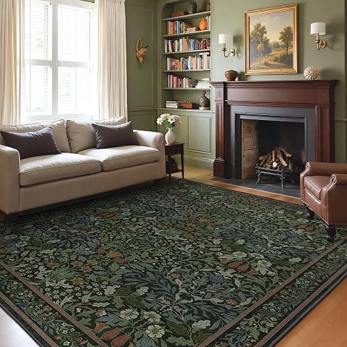 GENIMO 8x10 Washable Area Rug, Non-Slip Vintage Boho Floral Carpet, Large Area Rug for Living Room, Soft Low-Pile Thin Living Room Rug for Bedroom, Dining Room, Nursery, Dark Green - Image 1