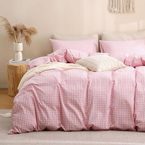 TOCOMOA Pink Gingham Duvet Cover Bedding Set 100% Washed Cotton Like Linen Feel Super Soft Comfortable 3 Piece Cute Plaid Checkered Comforter Cover Set (Full 80"x90", Comforter Not Included) - Image 1